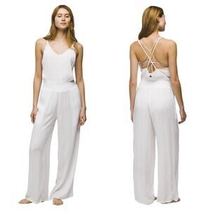 Prana Fernie Wide Leg Jumpsuit Women's S White Crinkle Romper Swim Coverup Beach